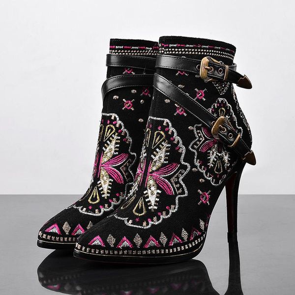 boots womens pointed toe genuine leather ankle stilettos high heel embroidery retro floral casual belt buckle shoes f51, Black
boots womens pointed toe genuine leather ankle stilettos high heel embroidery retro floral casual belt buckle shoes f51, Black