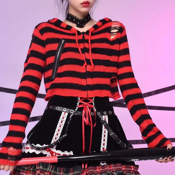 women's sweaters y2k girl zipper hollow out gothic lady striped cardigan short hooded sweater autumn long sleeve black red knitted top, White;black
women's sweaters y2k girl zipper hollow out gothic lady striped cardigan short hooded sweater autumn long sleeve black red knitted top, White;black
