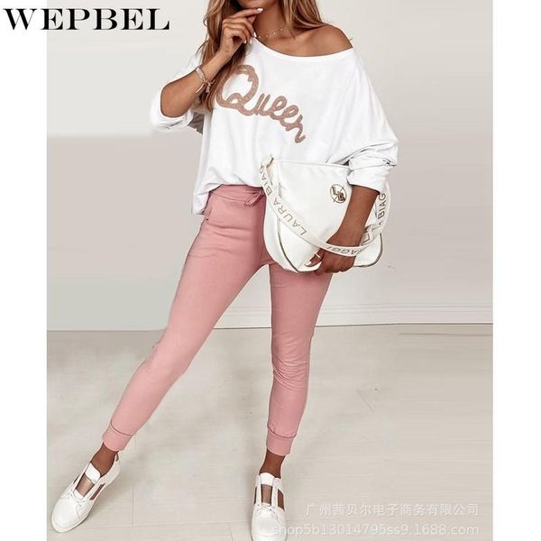 women's two piece pants wepbel letter print solid two-piece suit autumn batwing sleeve o-neck off shoulder + high waist lace-up, White
women's two piece pants wepbel letter print solid two-piece suit autumn batwing sleeve o-neck off shoulder + high waist lace-up, White