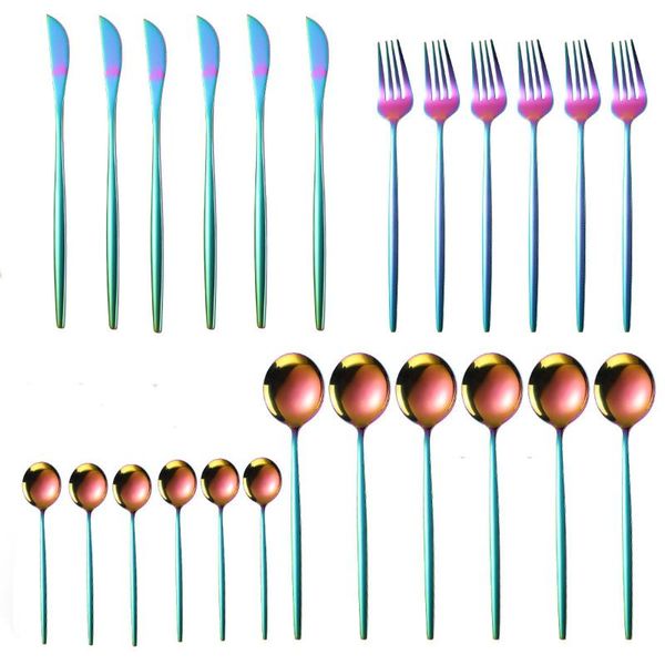 reusable tableware stainless steel cutlery complete set of cutlery 24 pcs rainbow forks knives spoons dinner set with gift box
reusable tableware stainless steel cutlery complete set of cutlery 24 pcs rainbow forks knives spoons dinner set with gift box