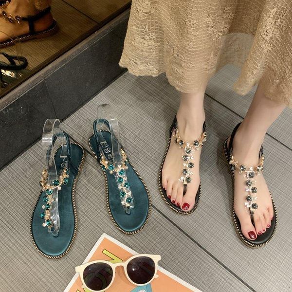 

2021 Exquisite crystal bead string women's sandals lady style flat slippers Ankle elastic solid seaside Clip toe slide, Black