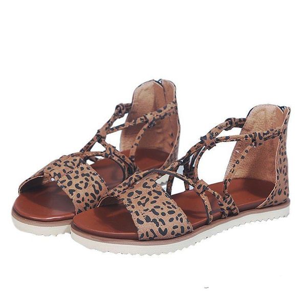 sandals 2021 large women's casual leopard print roman flat bottom cross, Black
