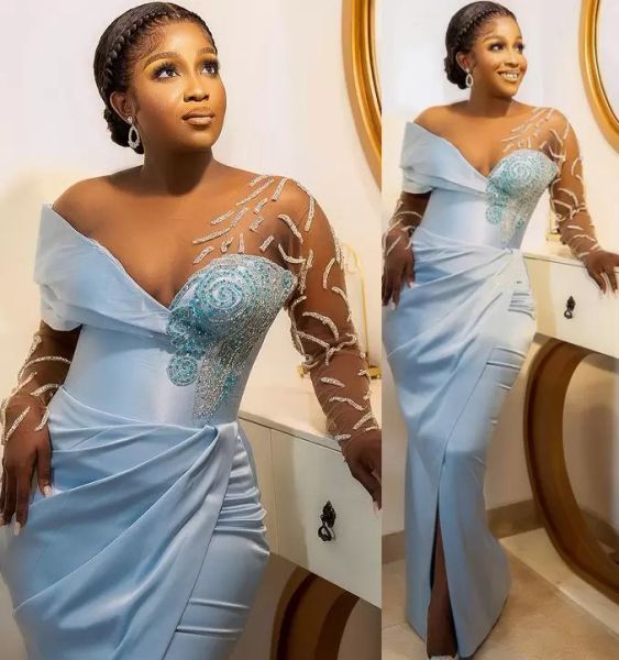 sky blue mermaid prom dresses jewel neck long sleeves beaded floor length sheath side slit custom made formal evening party gowns vestidos, Black
sky blue mermaid prom dresses jewel neck long sleeves beaded floor length sheath side slit custom made formal evening party gowns vestidos, Black