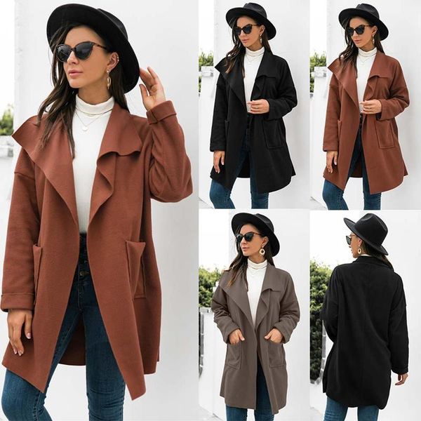 women's trench coats spring autumn long coat turn down collar solid loose cardigan jacket female casual outwear fashion windbreaker, Tan;black 
women's trench coats spring autumn long coat turn down collar solid loose cardigan jacket female casual outwear fashion windbreaker, Tan;black