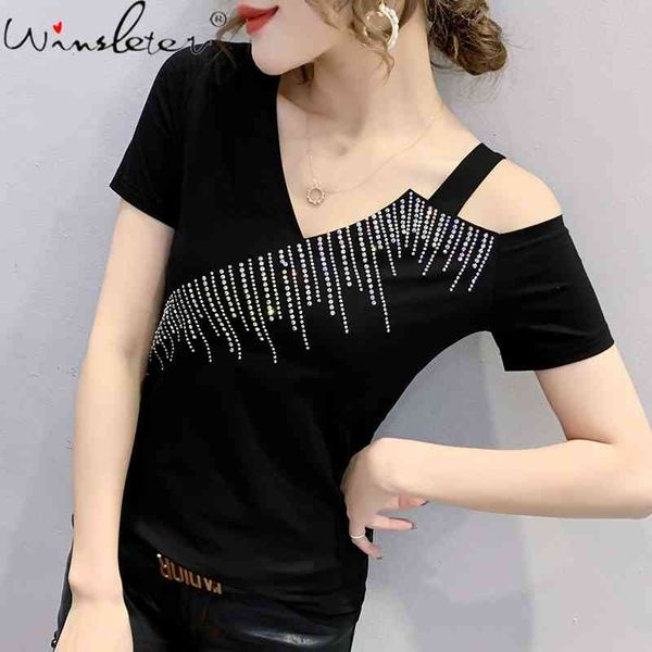 women's t-shirt summer korean style cotton girls chic hollow out v-neck shiny diamonds women short sleeve tees t13115a t, White
women's t-shirt summer korean style cotton girls chic hollow out v-neck shiny diamonds women short sleeve tees t13115a t, White