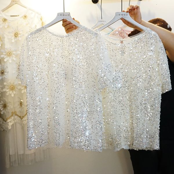 short sleeve with korean-style women's sequins spring summer new round collar empty mesh shirt 2021 qfou, White
short sleeve with korean-style women's sequins spring summer new round collar empty mesh shirt 2021 qfou, White