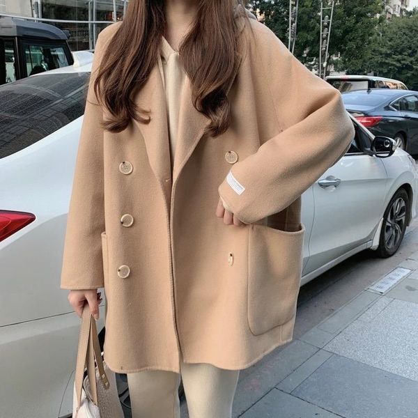 women's wool & blends coat women 2021 korea fashion commuter retro all-match solid lapel double breasted pocket design loose woolen coa, Black
women's wool & blends coat women 2021 korea fashion commuter retro all-match solid lapel double breasted pocket design loose woolen coa, Black