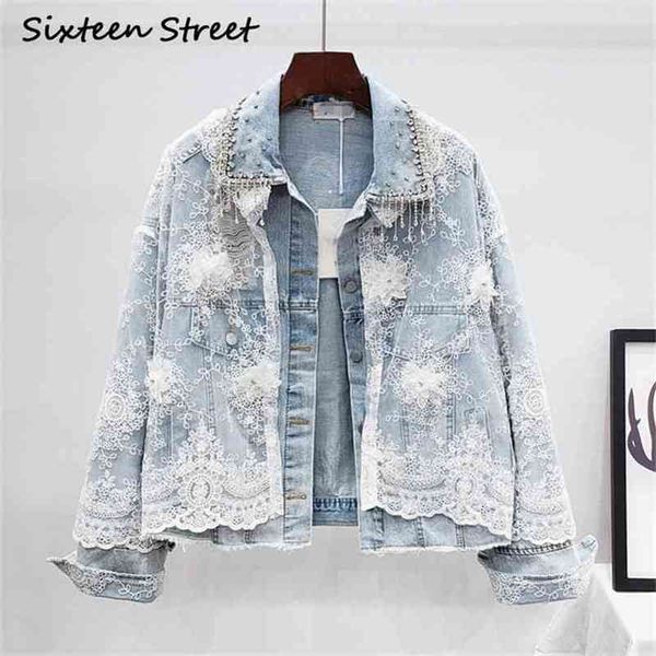 autumn woman denim jacket diamond embroidery white mesh floral vintage coat female long-sleeve loose casual 210603, Black;brown 
autumn woman denim jacket diamond embroidery white mesh floral vintage coat female long-sleeve loose casual 210603, Black;brown