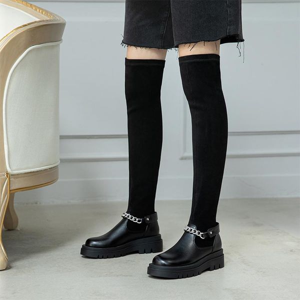 boots pu stitching flock over the knee sock flat metal chain waterproof platform large size long tube women's, Black
boots pu stitching flock over the knee sock flat metal chain waterproof platform large size long tube women's, Black