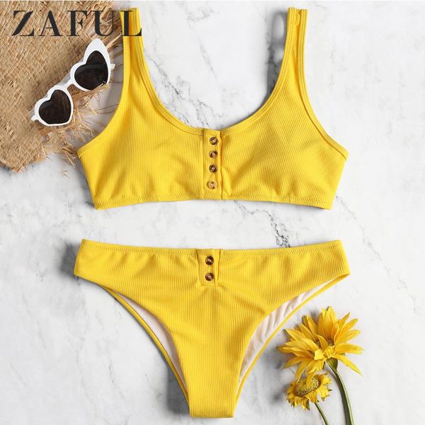 women's swimwear zaful bikini set padded ribbed texture buttons scoop neck and natural waist bottoms simple women suit, White;black
women's swimwear zaful bikini set padded ribbed texture buttons scoop neck and natural waist bottoms simple women suit, White;black