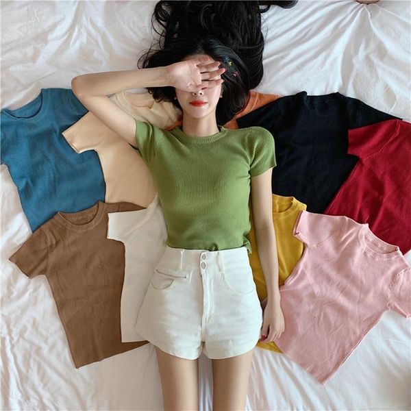 womens korean style slim thin solid color wild short-sleeved knitted t shirt fashion casual plain women clothing dropshipping, White
womens korean style slim thin solid color wild short-sleeved knitted t shirt fashion casual plain women clothing dropshipping, White