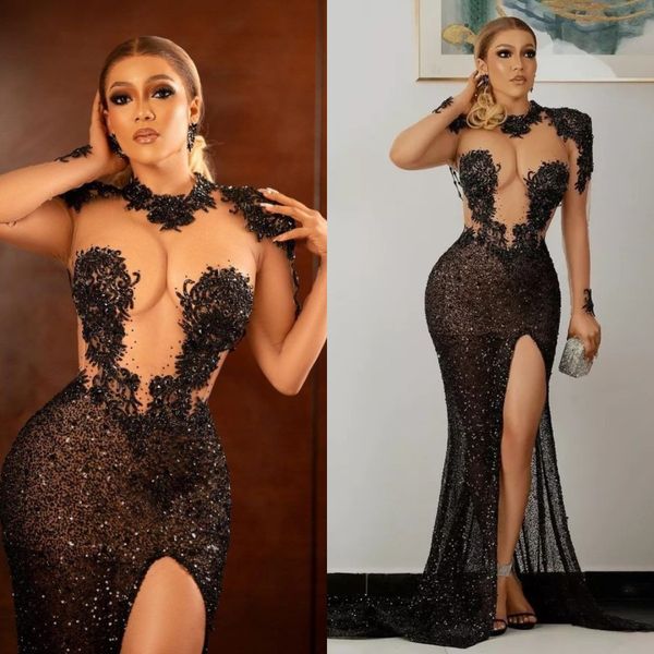 black mermaid evening dresses 2022 lace beading side split women's prom gowns sheer long sleeve party celebrity dress, Black;red
black mermaid evening dresses 2022 lace beading side split women's prom gowns sheer long sleeve party celebrity dress, Black;red
