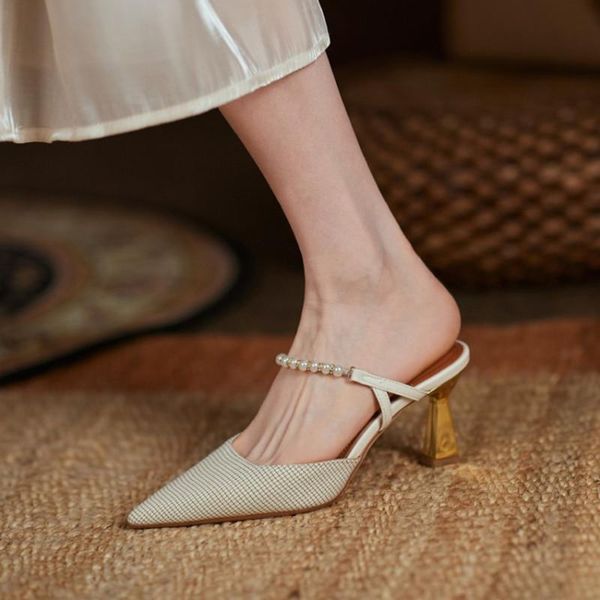 dress shoes hand made sheep leather insole pearls chain mules women spring summer plaid checkered thin heels party, Black
dress shoes hand made sheep leather insole pearls chain mules women spring summer plaid checkered thin heels party, Black