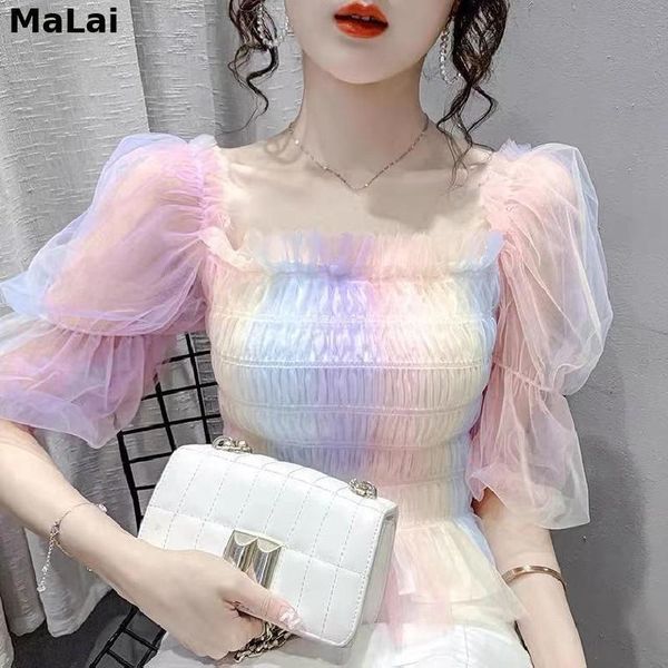women's blouses & shirts rainbow mesh patchwork short blouse women summer slash neck puff sleeve beach style pullover shirt female one, White
women's blouses & shirts rainbow mesh patchwork short blouse women summer slash neck puff sleeve beach style pullover shirt female one, White
