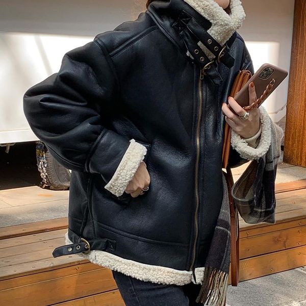 women's leather & faux yizzhoy autumn winter streetwear female moto biker lamb sheepskin coat thick warm loose outwear women pu jacket, Black
women's leather & faux yizzhoy autumn winter streetwear female moto biker lamb sheepskin coat thick warm loose outwear women pu jacket, Black