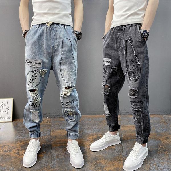 spring and summer new big ripped men's skinny jeans slim fit pants fashion ankle-tied harem pants, Blue
spring and summer new big ripped men's skinny jeans slim fit pants fashion ankle-tied harem pants, Blue
