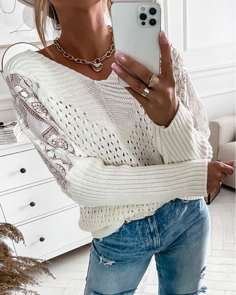 women's sweaters 2021 long-sleeved lace stitching v-neck hollow sweater ladies white fashion casual knit, White;black
women's sweaters 2021 long-sleeved lace stitching v-neck hollow sweater ladies white fashion casual knit, White;black