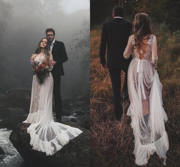 2021 boho wedding dresses long sleeves lace backless illusion sweep train country wedding gown with sash vestido de novia beach bride, White
2021 boho wedding dresses long sleeves lace backless illusion sweep train country wedding gown with sash vestido de novia beach bride, White