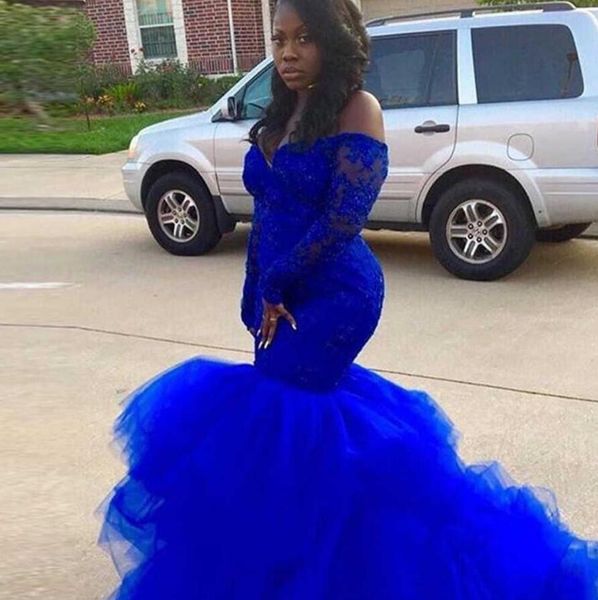 2021 royal blue prom dresses mermaid off the shoulder long sleeves formal evening gowns lace appliques pageant runway dress tutu skirt, Black
2021 royal blue prom dresses mermaid off the shoulder long sleeves formal evening gowns lace appliques pageant runway dress tutu skirt, Black