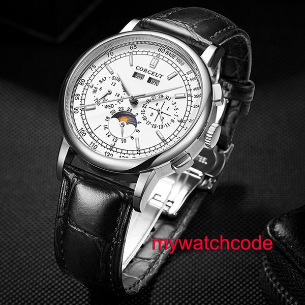 42mm corgeut white dial date year multifunctional indicator automatic movement black leather strap men watch relogio masculino, Slivery;brown
42mm corgeut white dial date year multifunctional indicator automatic movement black leather strap men watch relogio masculino, Slivery;brown