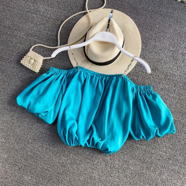 women's blouses & shirts solid slash neck women blouse summer 2021 lantern sleeved short empired female pulls outwear, White
women's blouses & shirts solid slash neck women blouse summer 2021 lantern sleeved short empired female pulls outwear, White