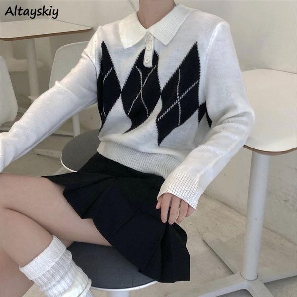 women's sweaters pullovers women turn-down collar vintage casual all-match argyle knitted long sleeve elegant simple female chic cozy s, White;black
women's sweaters pullovers women turn-down collar vintage casual all-match argyle knitted long sleeve elegant simple female chic cozy s, White;black