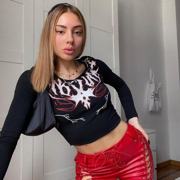 women's t-shirt fall women black dark spice printing crop long sleeve autumn and winter personality goth, White
women's t-shirt fall women black dark spice printing crop long sleeve autumn and winter personality goth, White