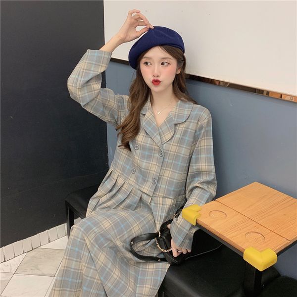 women autumn long sleeve plaid long pleated blazer dress ladies vintage high waist sweet dresses casual street korean vestidos, Black;gray
women autumn long sleeve plaid long pleated blazer dress ladies vintage high waist sweet dresses casual street korean vestidos, Black;gray