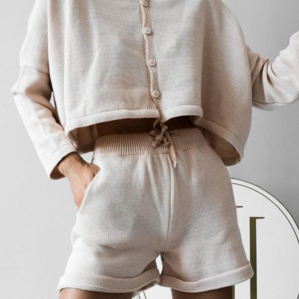 women's tracksuits casual solid white autumn women 2 piece sets v neck long sleeve button mini sweater lace up pocket female shorts fas, Gray 
women's tracksuits casual solid white autumn women 2 piece sets v neck long sleeve button mini sweater lace up pocket female shorts fas, Gray