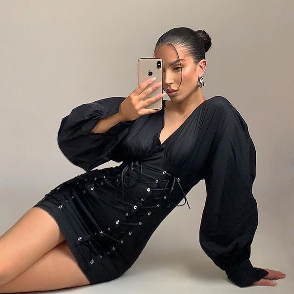 casual dresses 2021 women's vintage lace up dress long sleeve v-neck bodycon ladies party elegant solid color vestidos, Black;gray
casual dresses 2021 women's vintage lace up dress long sleeve v-neck bodycon ladies party elegant solid color vestidos, Black;gray