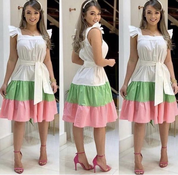 casual dresses 2021 summer contrast colors lady dress short sleeves puff ruffles bottom party club with sash women, Black;gray 
casual dresses 2021 summer contrast colors lady dress short sleeves puff ruffles bottom party club with sash women, Black;gray