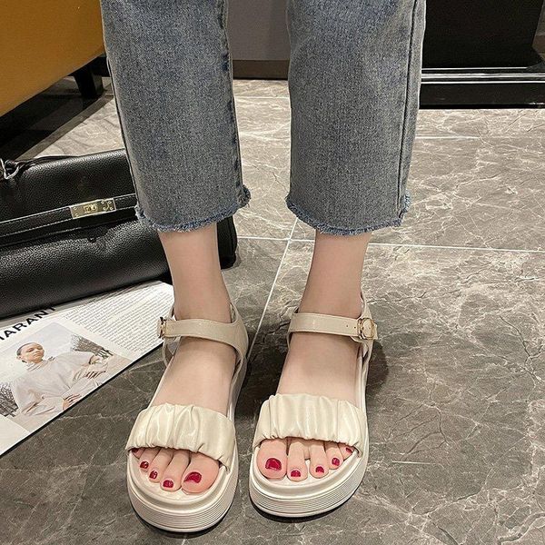 slippers platform women thick sole sandals summer pleated black beige chunky
