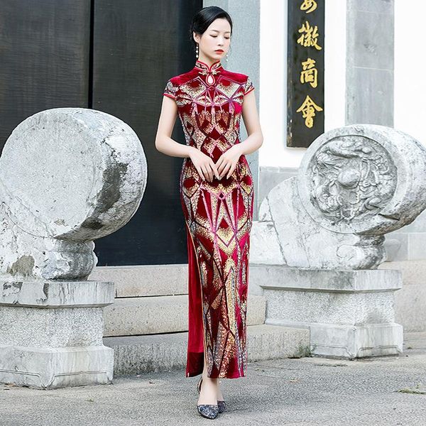 ethnic clothing women velour qipao chinese style mandarin collar cheongsam high split formal party dress gown short sleeve sequins vest, Red
ethnic clothing women velour qipao chinese style mandarin collar cheongsam high split formal party dress gown short sleeve sequins vest, Red