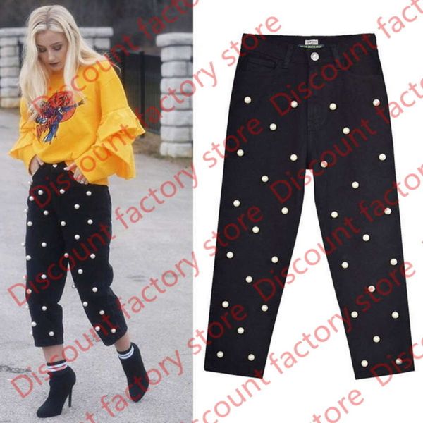 women black straight fit jeans high waist relax fitness cropped demin women beading pearl patches, Blue
women black straight fit jeans high waist relax fitness cropped demin women beading pearl patches, Blue