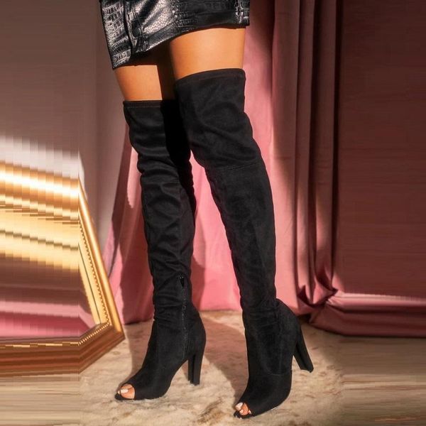 boots women thigh high flocked leather heels ladies over the knee long peep toe lace up female shoes, Black
boots women thigh high flocked leather heels ladies over the knee long peep toe lace up female shoes, Black