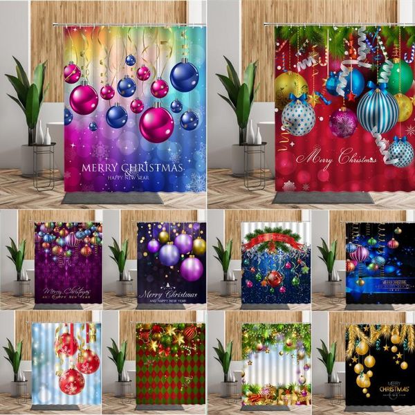 shower curtains lighted christmas gold rope balls green pine branch happy year waterproof xmas curtain bathroom decoration