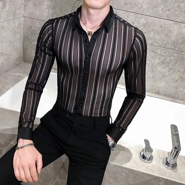 men's casual shirts see through fashion shirt long sleeve night club blouse men r striped korean social, White;black
men's casual shirts see through fashion shirt long sleeve night club blouse men r striped korean social, White;black
