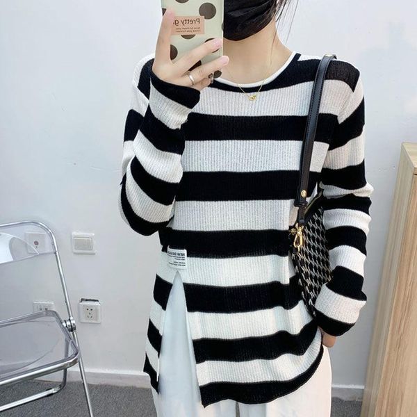 women's knits & tees striped sweater early autumn korean split design feeling loose round neck sunscreen thin long sleeve top, White
women's knits & tees striped sweater early autumn korean split design feeling loose round neck sunscreen thin long sleeve top, White