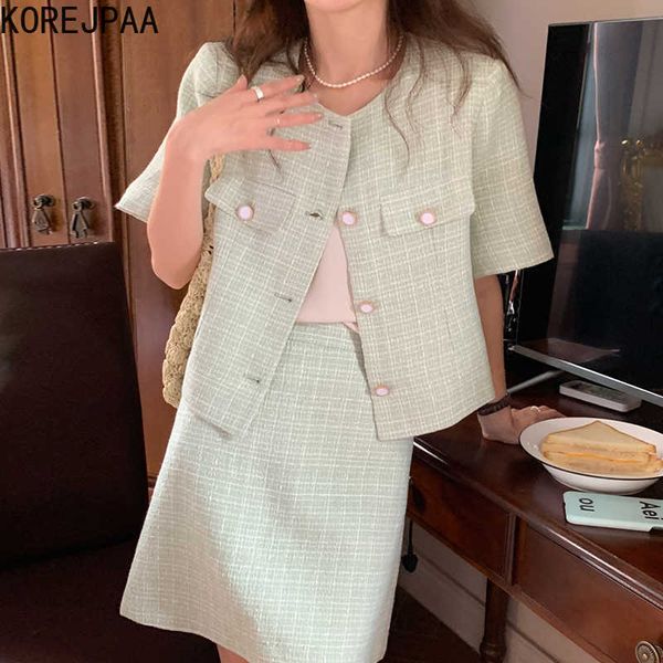 korejpaa women set summer ladies french temperament round neck chic button tweed jacket high waist thin a-line skirts 210526, White
korejpaa women set summer ladies french temperament round neck chic button tweed jacket high waist thin a-line skirts 210526, White