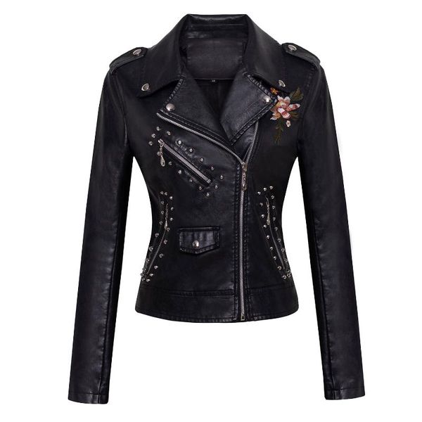 women's leather & faux washed embroidered pu jacket suit collar willow nail tight waist short, Black
women's leather & faux washed embroidered pu jacket suit collar willow nail tight waist short, Black