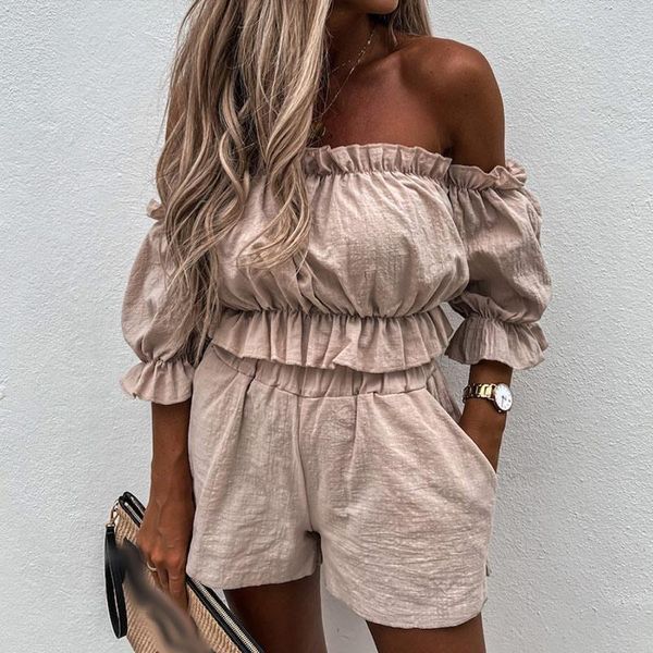 women's tracksuits solid ruffles off shoulder women shorts set slash neck crop and high waist bottom ladies suit summer beach style ca, Gray
women's tracksuits solid ruffles off shoulder women shorts set slash neck crop and high waist bottom ladies suit summer beach style ca, Gray