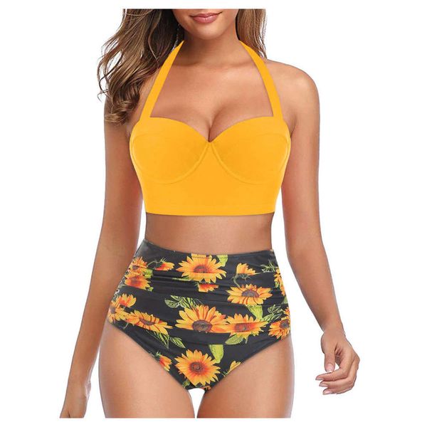 2021 new printed split bikini sunflower hard bag high waist women's large swimsuit, White;black
2021 new printed split bikini sunflower hard bag high waist women's large swimsuit, White;black