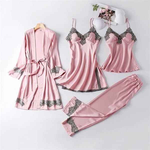 july's song 4 pieces women pajamas sets faux silk pajamas sleepwear sets elegant lace fashion spring autumn homewear 211103, Black;red
july's song 4 pieces women pajamas sets faux silk pajamas sleepwear sets elegant lace fashion spring autumn homewear 211103, Black;red