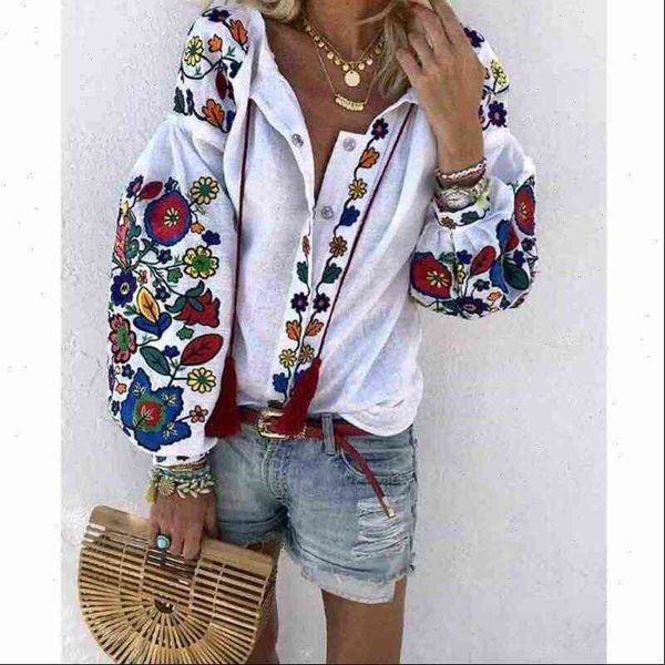 women shirts plus size womens floral print v neck long sleeve blouse summer boho shirt drop, White