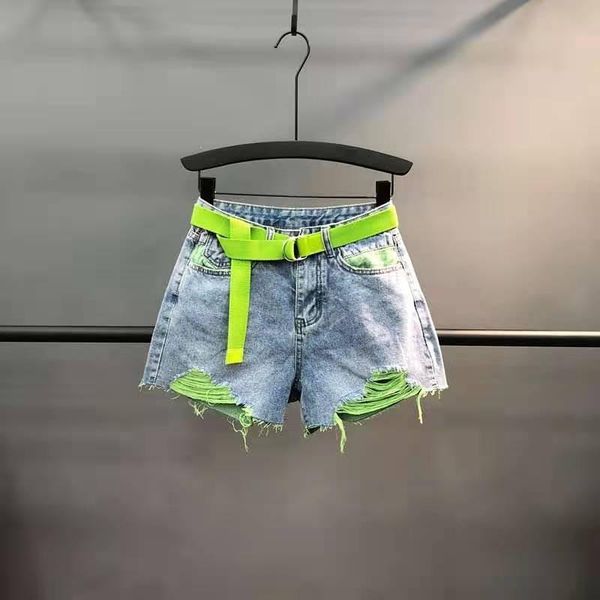 women's shorts summer women ripped contrast color denim green fashion ladies casual short pants with belt holes jeans streetwear, White;black
women's shorts summer women ripped contrast color denim green fashion ladies casual short pants with belt holes jeans streetwear, White;black