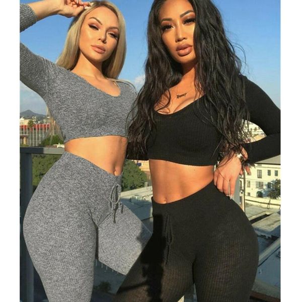 women long sleeve v neck rib slim solid color crop drawstring high waist skinny pencil pant casual tracksuits 2pcs/set, Gray
women long sleeve v neck rib slim solid color crop drawstring high waist skinny pencil pant casual tracksuits 2pcs/set, Gray