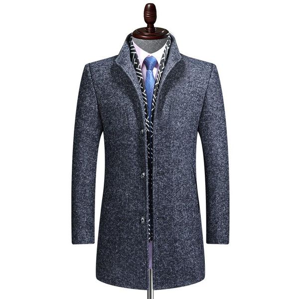 winter woolen coat men's medium long scarf collar woolen coat, Black