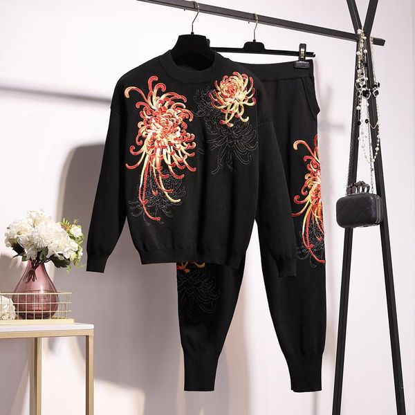 fashion embroidery flowers knitted outfits women tracksuits black sweater pencil pants set female loose casual knitting suit 2pc, White
fashion embroidery flowers knitted outfits women tracksuits black sweater pencil pants set female loose casual knitting suit 2pc, White