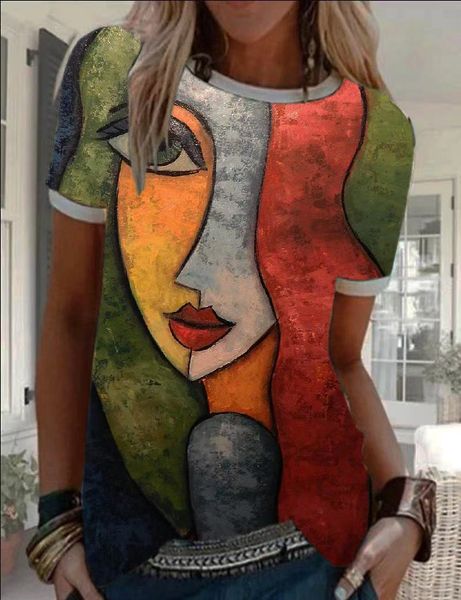 women's 2021 new women's new print color matching round neck short sleeve t-shirt for women, White
women's 2021 new women's new print color matching round neck short sleeve t-shirt for women, White