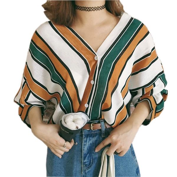 women's blouses & shirts 2021 women fasahion three quarter sleeve v-neck striped loose summer casual blouse shirt, White 
women's blouses & shirts 2021 women fasahion three quarter sleeve v-neck striped loose summer casual blouse shirt, White